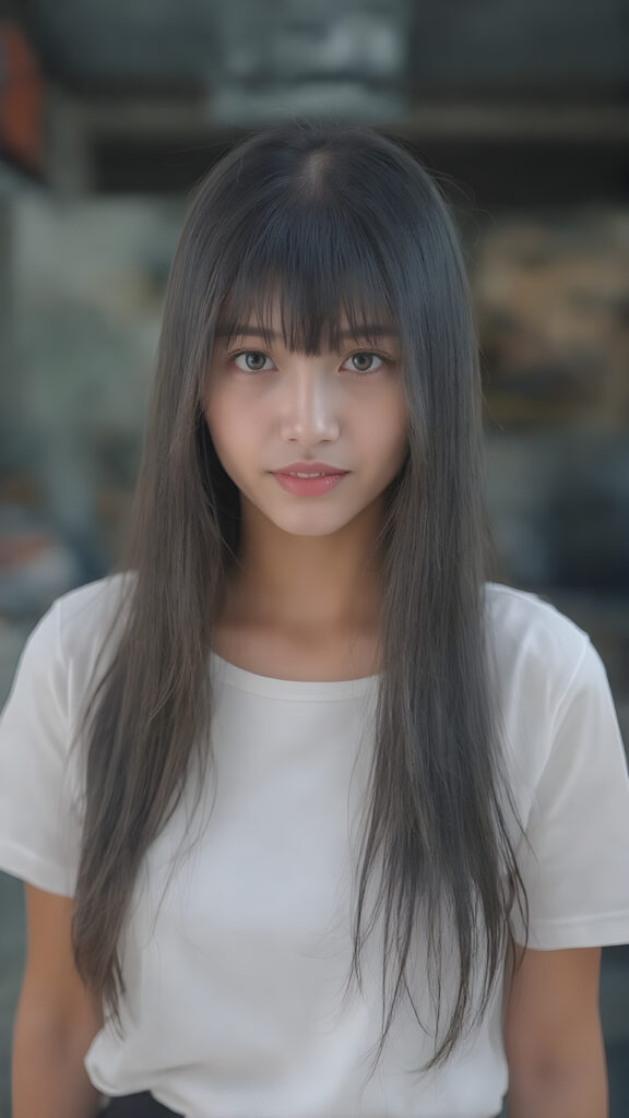 A (((gorgeous Asian girl))), with (((very long, sleek straight black hair with side bangs))), and (((dark skin))), that gives off a youthful vibe, dressed in a (((white t-shirt))) and a (((black mini skirt))), featuring intricate details like (((black embroidery on the collar of the shirt))) and (((pale silver skin))), highlighting the beauty of her advanced features, such as (((full body))), with a hint of (jet black hair) at the tips, all framed by a (((natural, glowing complexion))) that complements the advanced lighting environment