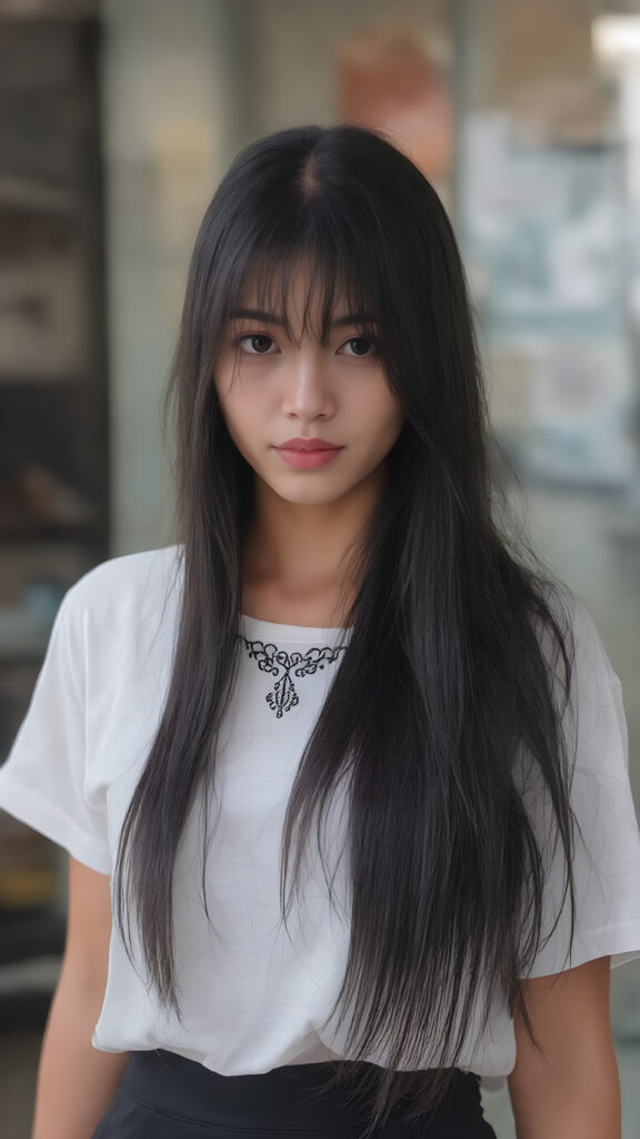 A (((gorgeous Asian girl))), with (((very long, sleek straight black hair with side bangs))), and (((dark skin))), that gives off a youthful vibe, dressed in a (((white t-shirt))) and a (((black mini skirt))), featuring intricate details like (((black embroidery on the collar of the shirt))) and (((pale silver skin))), highlighting the beauty of her advanced features, such as (((full body))), with a hint of (jet black hair) at the tips, all framed by a (((natural, glowing complexion))) that complements the advanced lighting environment