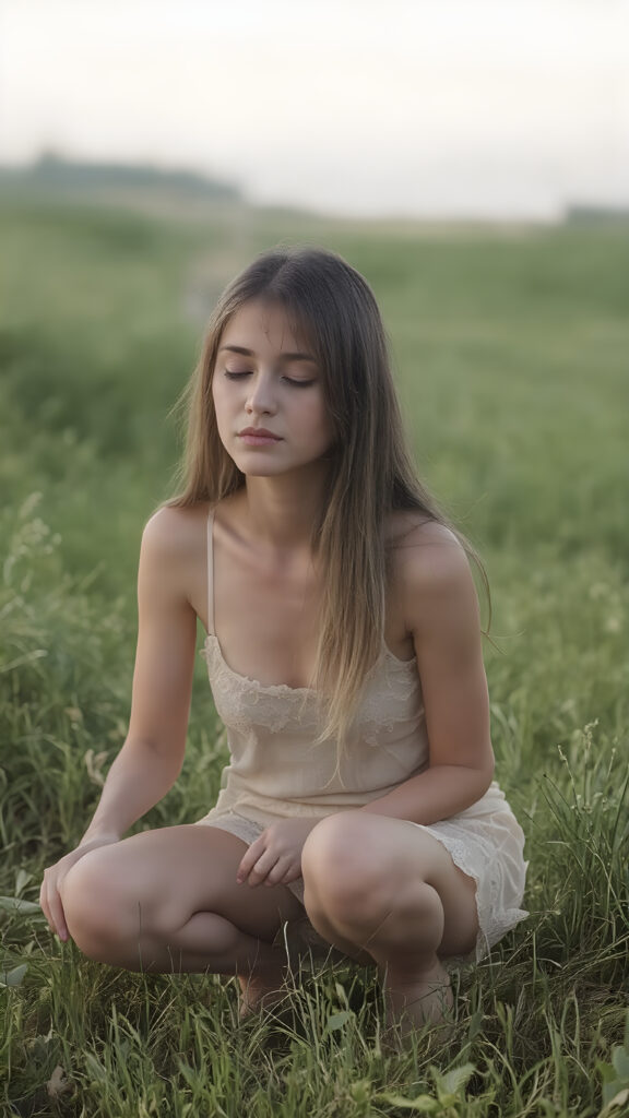 a fantastic pretty girl is squatting on a green meadow. She is wearing a short skirt and a tank top, closed eyes, looks up, long straight hair falls down back