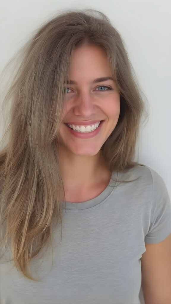 A grown-up girl enjoys her carefree life. She smiles and has beautiful, soft straight hair that falls over her beautifully shaped body. The picture makes you happy, she wears a thin grey t-shirt, withe teeth