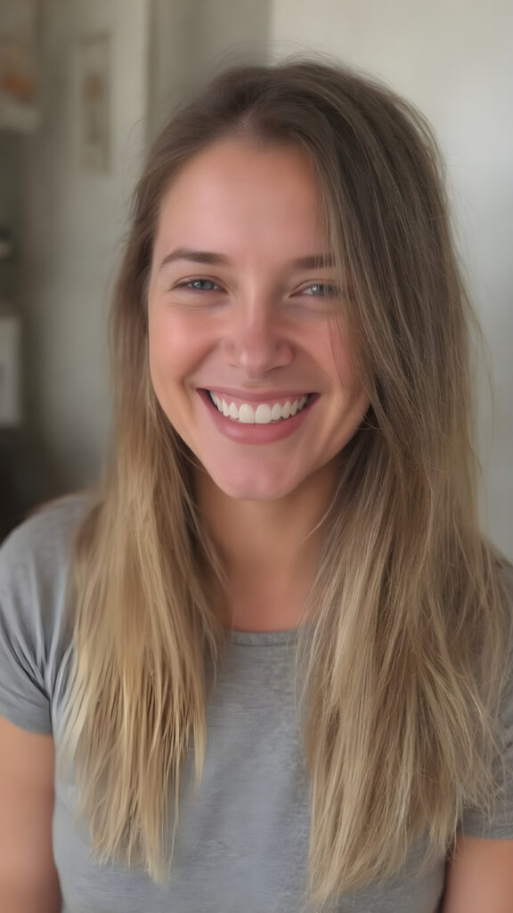 A grown-up girl enjoys her carefree life. She smiles and has beautiful, soft straight hair that falls over her beautifully shaped body. The picture makes you happy, she wears a thin grey t-shirt, withe teeth