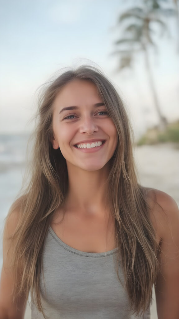 A grown-up girl enjoys her carefree life. She smiles and has beautiful, soft straight hair that falls over her beautifully shaped body. The picture makes you happy, she wears a thin grey t-shirt, withe teeth