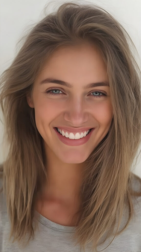 A grown-up girl enjoys her carefree life. She smiles and has beautiful, soft straight hair that falls over her beautifully shaped body. The picture makes you happy, she wears a thin grey t-shirt, withe teeth