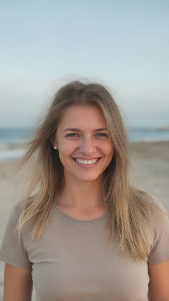 A grown-up girl enjoys her carefree life. She smiles and has beautiful, soft straight hair that falls over her beautifully shaped body. The picture makes you happy, she wears a thin grey t-shirt, withe teeth