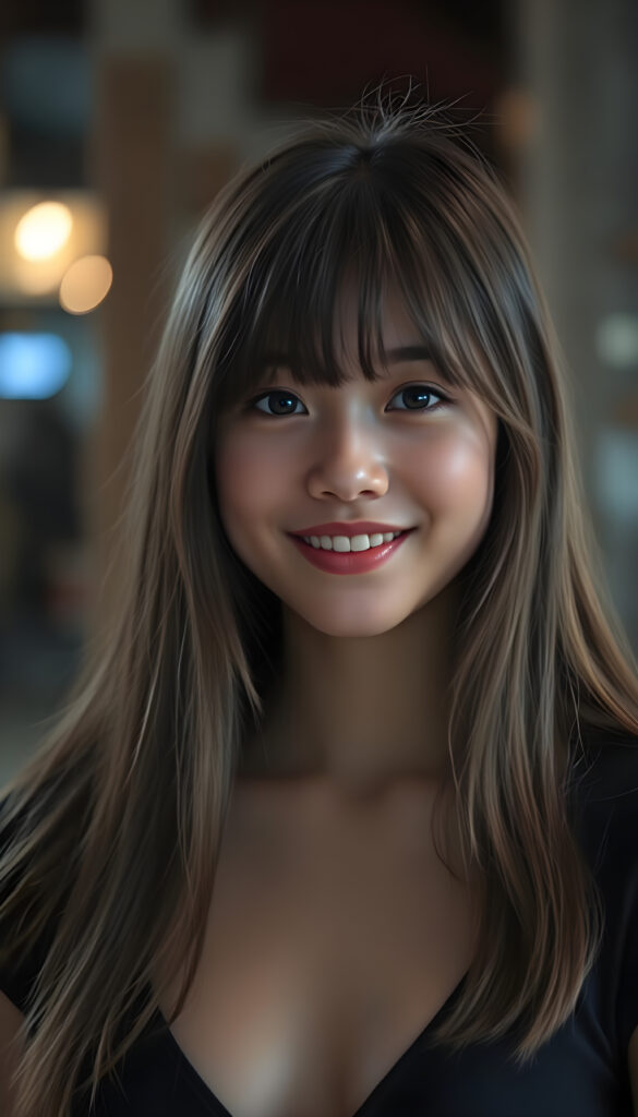 A happy young attractive teen girl wearing a black top with a low neckline, flawless skin, full kissable lips, deep blue eyes, and flowing fine brown hair same length and Korean styled bangs.
