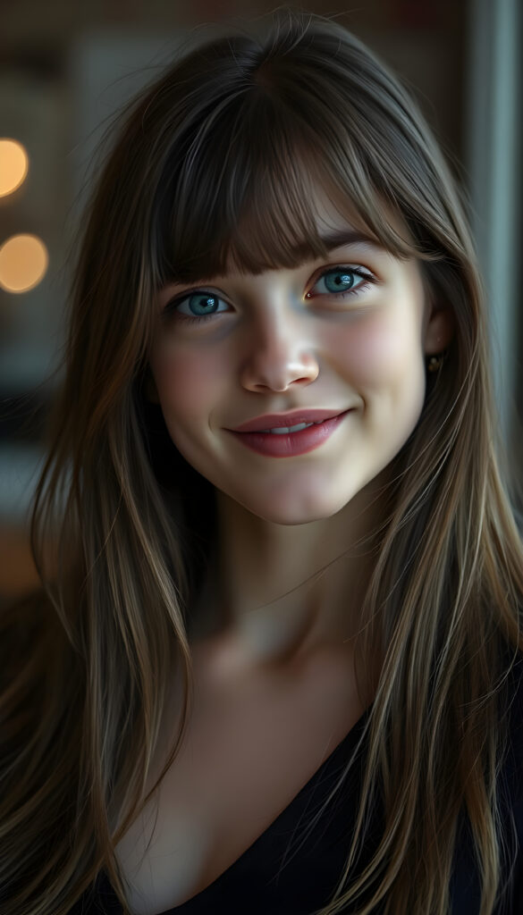 A happy young attractive teen girl wearing a black top with a low neckline, flawless skin, full kissable lips, deep blue eyes, and flowing fine brown hair same length and Korean styled bangs.