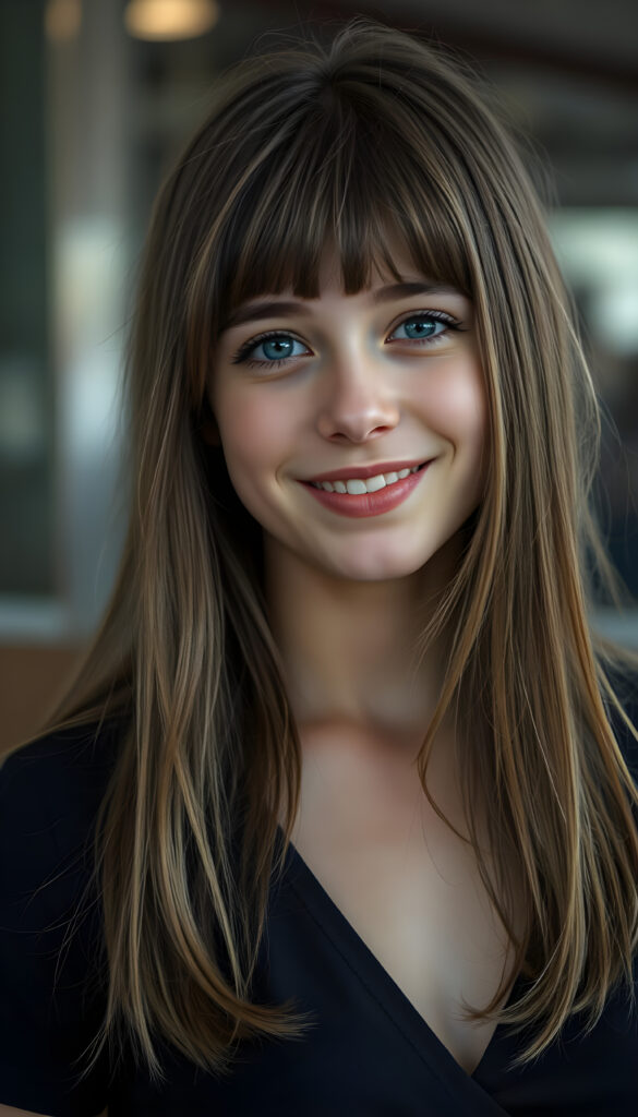 A happy young attractive teen girl wearing a black top with a low neckline, flawless skin, full kissable lips, deep blue eyes, and flowing fine brown hair same length and Korean styled bangs.
