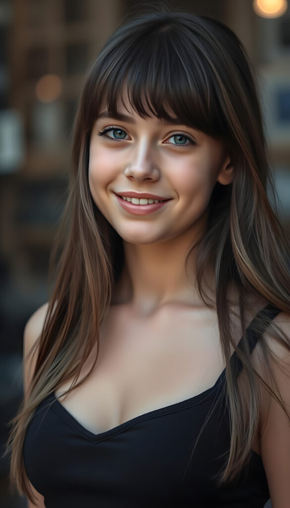 A happy young attractive teen girl wearing a black top with a low neckline, flawless skin, full kissable lips, deep blue eyes, and flowing fine brown hair same length and Korean styled bangs.