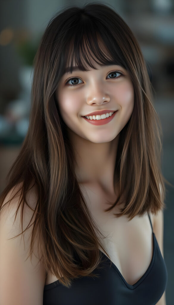 A happy young attractive teen girl wearing a black top with a low neckline, flawless skin, full kissable lips, deep blue eyes, and flowing fine brown hair same length and Korean styled bangs.