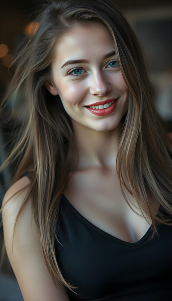 A happy young woman wearing a black top with a low neckline, flawless skin, full kissable lips, deep blue eyes, and flowing fine brown hair.
