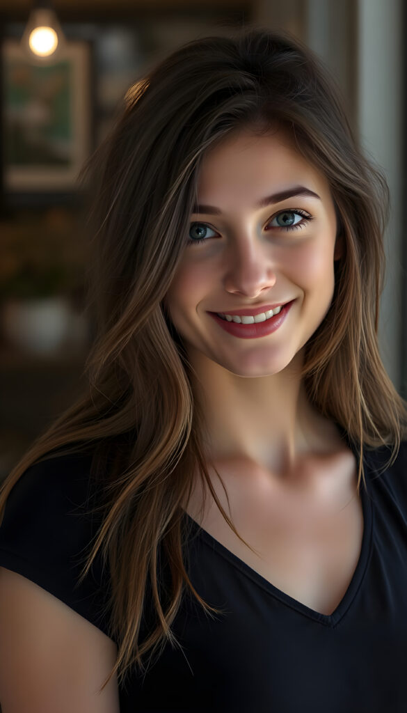 A happy young woman wearing a black top with a low neckline, flawless skin, full kissable lips, deep blue eyes, and flowing fine brown hair.