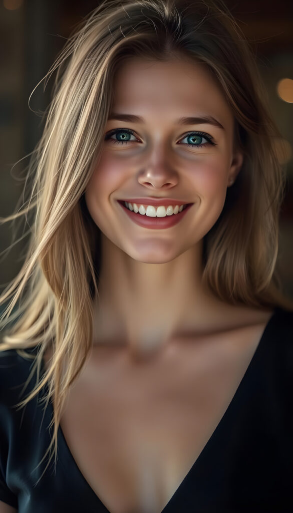 A happy young woman wearing a black top with a low neckline, flawless skin, full kissable lips, deep blue eyes, and flowing fine brown hair.