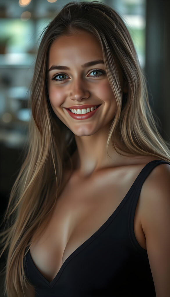A happy young woman wearing a black top with a low neckline, flawless skin, full kissable lips, deep blue eyes, and flowing fine brown hair.