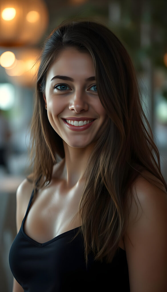 A happy young woman wearing a black top with a low neckline, flawless skin, full kissable lips, deep blue eyes, and flowing fine brown hair.