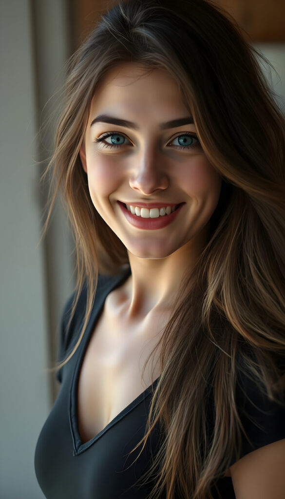 A happy young woman wearing a black top with a low neckline, flawless skin, full kissable lips, deep blue eyes, and flowing fine brown hair.