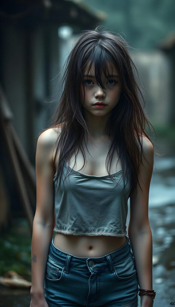 A heart-wrenching scene of an adult girl in her 21 with wild, disheveled straight hair in the same length left and right, dressed in tattered clothes that barely cover her body, wet cropped tank top ans short jeans, stands in front of the viewer.