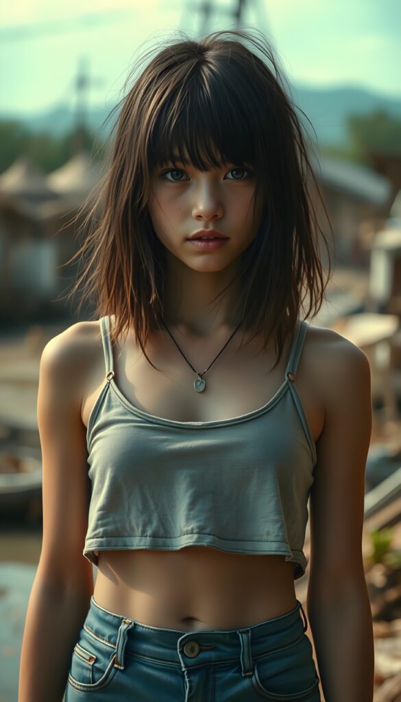 A heart-wrenching scene of an adult girl in her 21 with wild, disheveled straight hair in the same length left and right, dressed in tattered clothes that barely cover her body, wet cropped tank top ans short jeans, stands in front of the viewer.