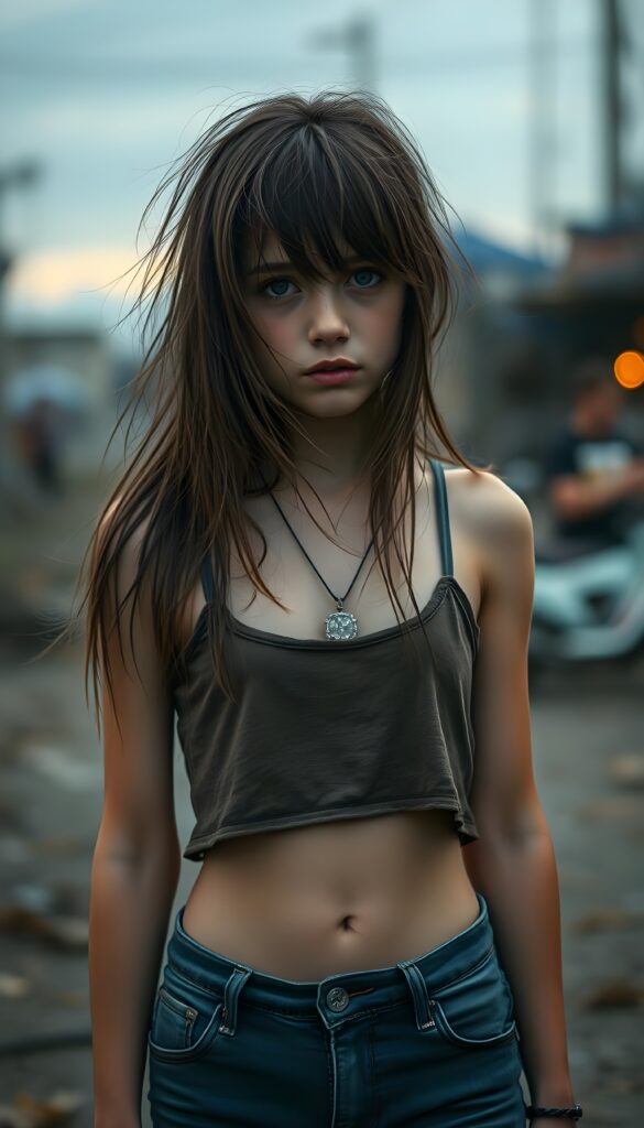 A heart-wrenching scene of an adult girl in her 21 with wild, disheveled straight hair in the same length left and right, dressed in tattered clothes that barely cover her body, wet cropped tank top ans short jeans, stands in front of the viewer.