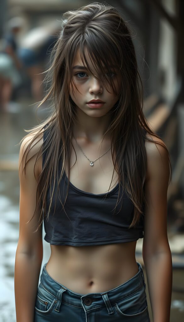 A heart-wrenching scene of an adult girl in her 21 with wild, disheveled straight hair in the same length left and right, dressed in tattered clothes that barely cover her body, wet cropped tank top ans short jeans, stands in front of the viewer.