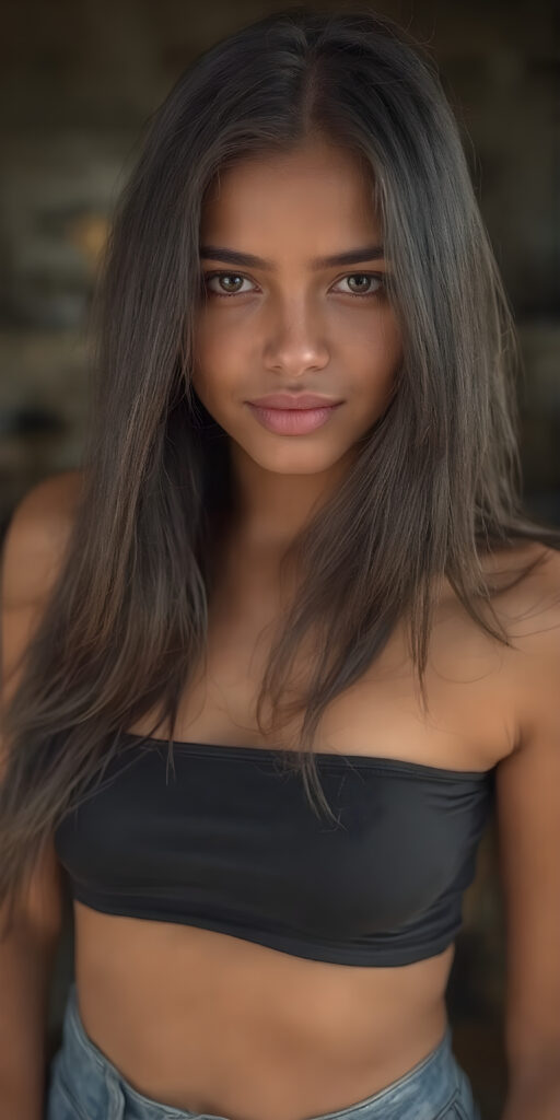 A (((high-quality, realistic portrait))), capturing a (((pretty cute and gorgeous teen girl))) with ((long, straight black hair)) and ((almond skin)) that shimmers in the sun. Her ((natural makeup)) enhances her features, including (((full, rosy lips))) and (((beautifully sculpted cheeks))). (((She wears a super short tight (black crop top) made of ((latex)), which accentuates her (perfect anatomy))) and (((exudes an angelic glow))). Her (((skin tight jeans))) are ((cut tight and flared out)). She poses confidently, looking at the camera, with ((dimmed, natural light)) that adds a touch of (cinematic realism) to the scene