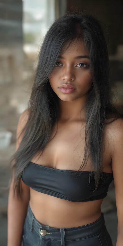 A (((high-quality, realistic portrait))), capturing a (((pretty cute and gorgeous teen girl))) with ((long, straight black hair)) and ((almond skin)) that shimmers in the sun. Her ((natural makeup)) enhances her features, including (((full, rosy lips))) and (((beautifully sculpted cheeks))). (((She wears a super short tight (black crop top) made of ((latex)), which accentuates her (perfect anatomy))) and (((exudes an angelic glow))). Her (((skin tight jeans))) are ((cut tight and flared out)). She poses confidently, looking at the camera, with ((dimmed, natural light)) that adds a touch of (cinematic realism) to the scene