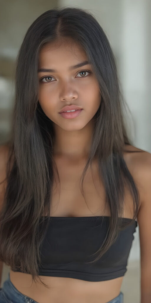 A (((high-quality, realistic portrait))), capturing a (((pretty cute and gorgeous teen girl))) with ((long, straight black hair)) and ((almond skin)) that shimmers in the sun. Her ((natural makeup)) enhances her features, including (((full, rosy lips))) and (((beautifully sculpted cheeks))). (((She wears a super short tight (black crop top) made of ((latex)), which accentuates her (perfect anatomy))) and (((exudes an angelic glow))). Her (((skin tight jeans))) are ((cut tight and flared out)). She poses confidently, looking at the camera, with ((dimmed, natural light)) that adds a touch of (cinematic realism) to the scene