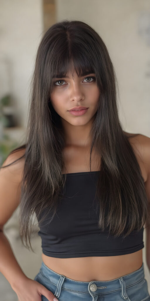 A (((high-quality, realistic portrait))), capturing a (((pretty cute and gorgeous teen girl))) with ((long, straight black hair)) and ((almond skin)) that shimmers in the sun. Her ((natural makeup)) enhances her features, including (((full, rosy lips))) and (((beautifully sculpted cheeks))). (((She wears a super short tight (black crop top) made of ((latex)), which accentuates her (perfect anatomy))) and (((exudes an angelic glow))). Her (((skin tight jeans))) are ((cut tight and flared out)). She poses confidently, looking at the camera, with ((dimmed, natural light)) that adds a touch of (cinematic realism) to the scene