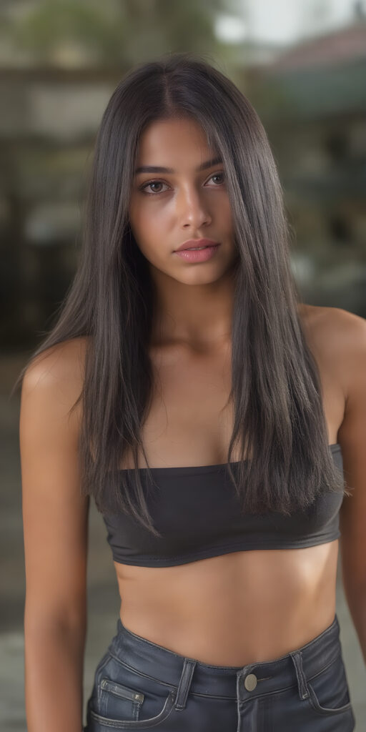 A (((high-quality, realistic portrait))), capturing a (((pretty cute and gorgeous teen girl))) with ((long, straight black hair)) and ((almond skin)) that shimmers in the sun. Her ((natural makeup)) enhances her features, including (((full, rosy lips))) and (((beautifully sculpted cheeks))). (((She wears a super short tight (black crop top) made of ((latex)), which accentuates her (perfect anatomy))) and (((exudes an angelic glow))). Her (((skin tight jeans))) are ((cut tight and flared out)). She poses confidently, looking at the camera, with ((dimmed, natural light)) that adds a touch of (cinematic realism) to the scene