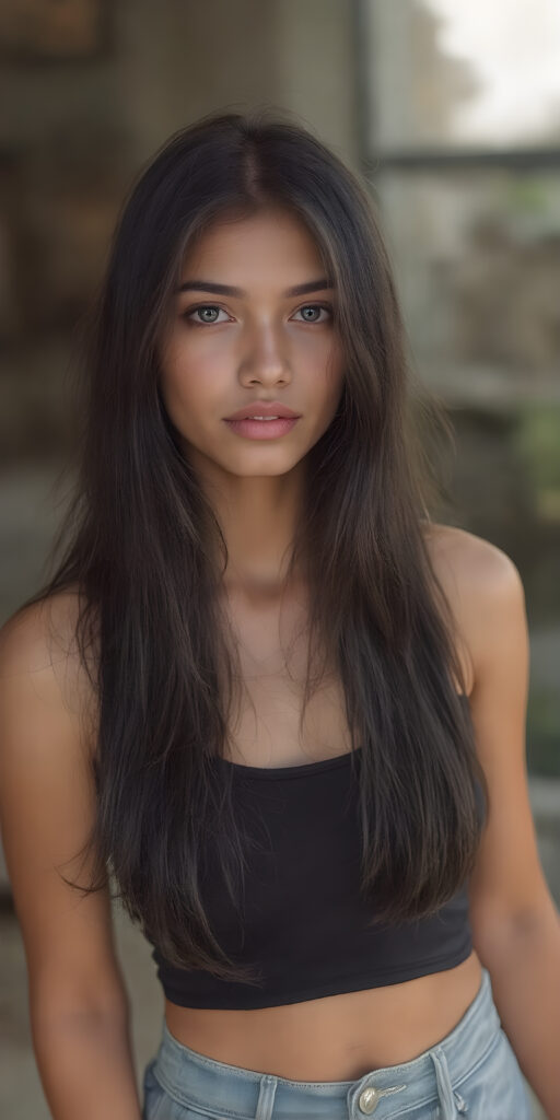 A (((high-quality, realistic portrait))), capturing a (((pretty cute and gorgeous teen girl))) with ((long, straight black hair)) and ((almond skin)) that shimmers in the sun. Her ((natural makeup)) enhances her features, including (((full, rosy lips))) and (((beautifully sculpted cheeks))). (((She wears a super short tight (black crop top) made of ((latex)), which accentuates her (perfect anatomy))) and (((exudes an angelic glow))). Her (((skin tight jeans))) are ((cut tight and flared out)). She poses confidently, looking at the camera, with ((dimmed, natural light)) that adds a touch of (cinematic realism) to the scene