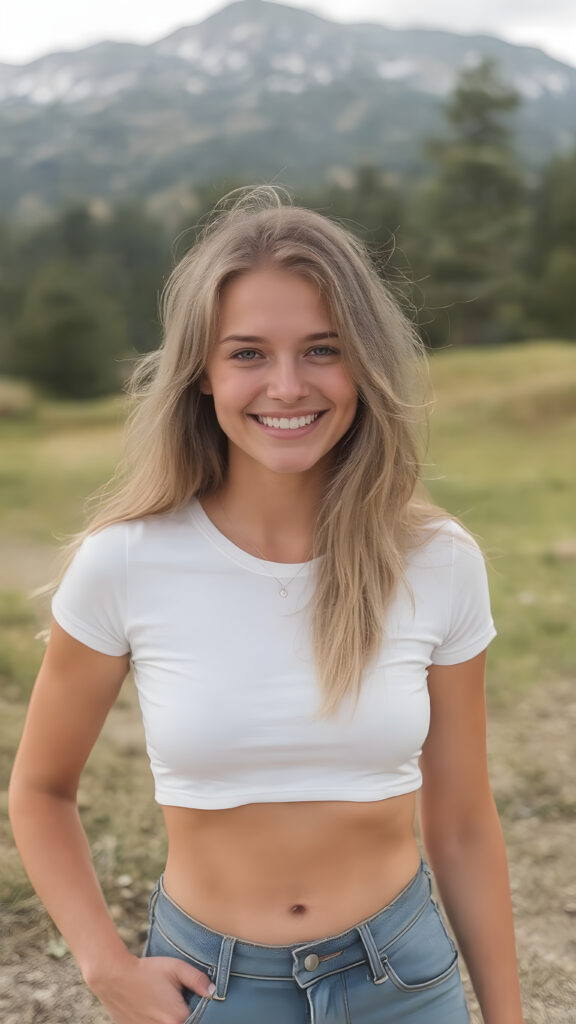 A (((highly detailed and hyperrealistic full length body shot))), at (((the peak of the summer season))), with the (((cutest young adult tomboy girl)) in a ((super short tight white t-shirt and blue jeans)), her (((skin is brown and kissed by the sun's rays, creating a lovely tan line))), her (((blond hair is long, straight and silky, framing her face beautifully))), and (((her (((happy smile is the most beautiful sight on earth))), giving a natural and youthful glow to her face. She is (((out in the mountains, in a serene outdoor setting))) where her (((smile shines brightly against the backdrop of nature))). This advanced prompt captures her in a (((very tasteful and accurate depiction of her full body))), emphasizing her (((youthful vitality and natural beauty))).