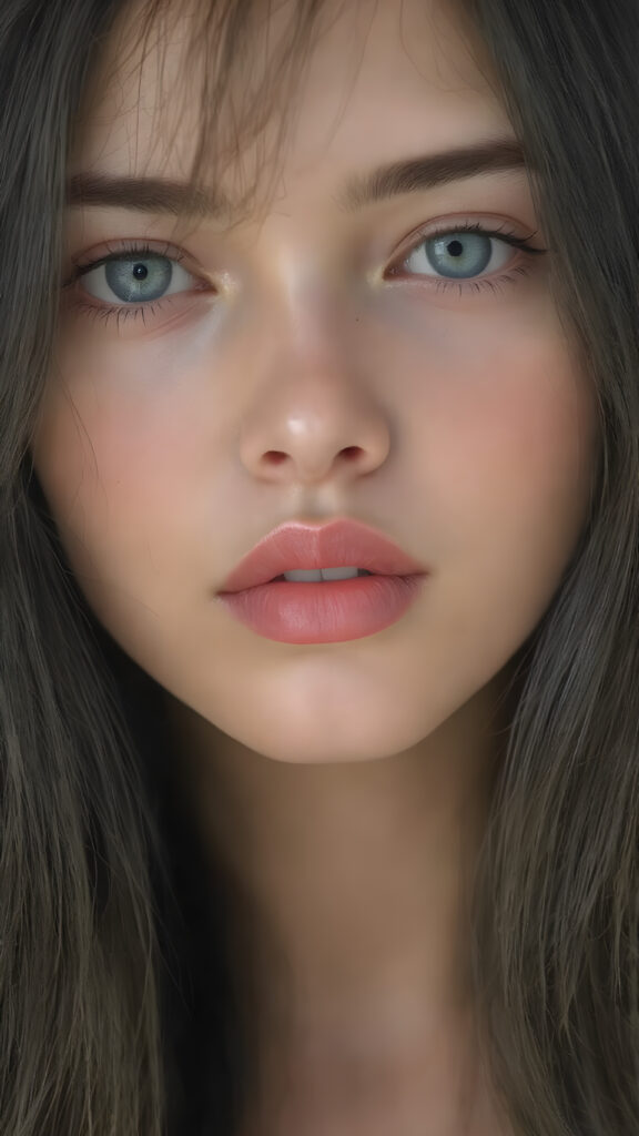 A (((highly detailed))) and ((realistically beautiful)) teen girl with a ((flawless face)), full plump (((kissable lips))), symmetrical nose, (((bright white skin))), straight ((black hair)) with (long, wavy hair) that gently flows down to her shoulders, and (((full, defined red lips))), that are (extremely detailed) and (hyper-realistic) with intricate details and patterns that mimic the natural texture of a (human face), representing a (super realistic beauty) that exudes confidence and allure