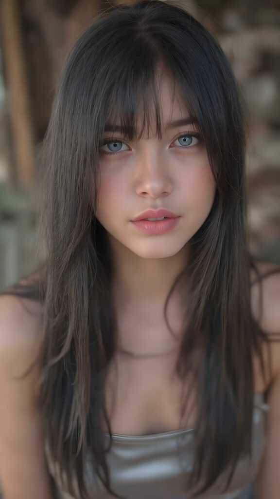A (((highly detailed))) (((professional photograph))), capturing a cute, beautiful, realistic, with intricate details, (((teen girl))) with (very long, straight jet black hair) (black eye Shadows) and (melancholic sad eyes) that convey a sense of (being let down) by not getting the guy she wanted (who seems to be out of her league, with a (super cute face) that exudes (perfect beauty), featuring (large, glowing red lips) for a (full, realistic mouth) and (vividly blue eyes). She's (dressed in a sleek, shiny silver (Mini) dress) with (glitch effects) that give off a (hyper realistic, ultra high definition) feeling. Her makeup is (gothic fantasy) inspired, with (black eyeshadows) and (black eyelids) that frame her face beautifully. Every detail is (hyper realistic) and (highly detailed), from the (guy's perspective) looking into the camera with a (super wide angle) shot, full body, with the (girl) slightly smiling and (blushing) in a (friendly, warm outdoor setting)