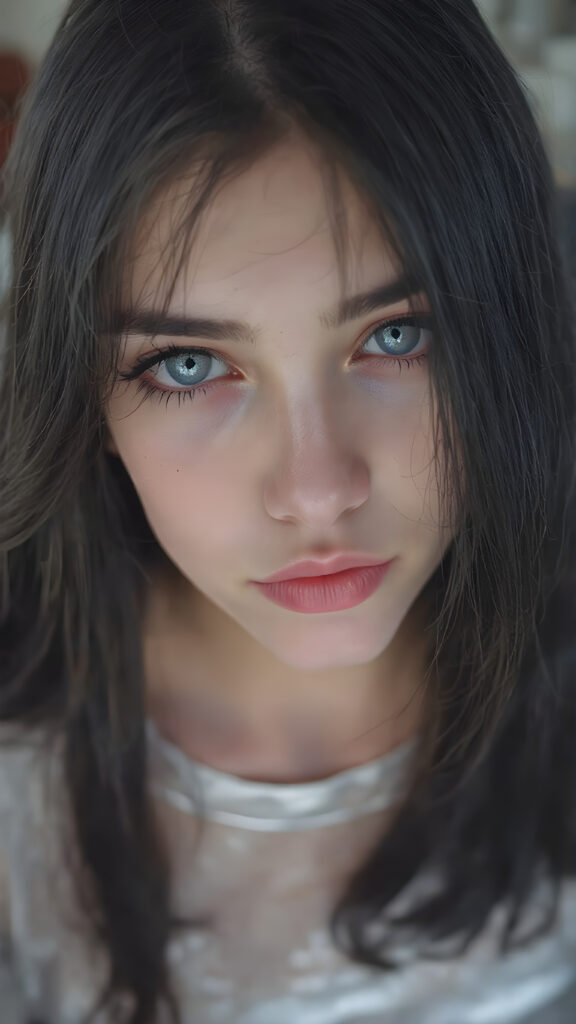A (((highly detailed))) (((professional photograph))), capturing a cute, beautiful, realistic, with intricate details, (((teen girl))) with (very long, straight jet black hair) (black eye Shadows) and (melancholic sad eyes) that convey a sense of (being let down) by not getting the guy she wanted (who seems to be out of her league, with a (super cute face) that exudes (perfect beauty), featuring (large, glowing red lips) for a (full, realistic mouth) and (vividly blue eyes). She's (dressed in a sleek, shiny silver (Mini) dress) with (glitch effects) that give off a (hyper realistic, ultra high definition) feeling. Her makeup is (gothic fantasy) inspired, with (black eyeshadows) and (black eyelids) that frame her face beautifully. Every detail is (hyper realistic) and (highly detailed), from the (guy's perspective) looking into the camera with a (super wide angle) shot, full body, with the (girl) slightly smiling and (blushing) in a (friendly, warm outdoor setting)