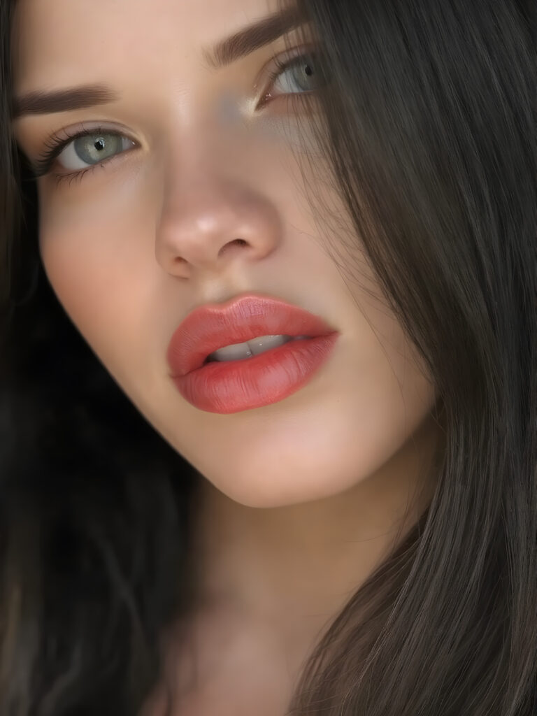 a young girl with long soft hair, sweet face, she smells good