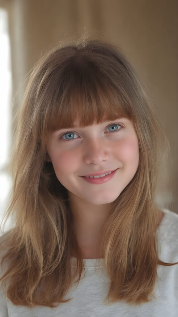 A (((highly detailed and realistic full-body photograph))), featuring a (((beautiful young ginger girl))) with ((extremely long, thick, soft straight hair)) that flows down in (soft gentle waves) and perfectly natural (pale skin) that complements her flawless complexion. She’s smiling warmly against a backdrop of natural light, with her ((natural ginger hair)) artfully styled in a loose bangs frame her face beautifully. Light green eyes add a pop of color to the scene