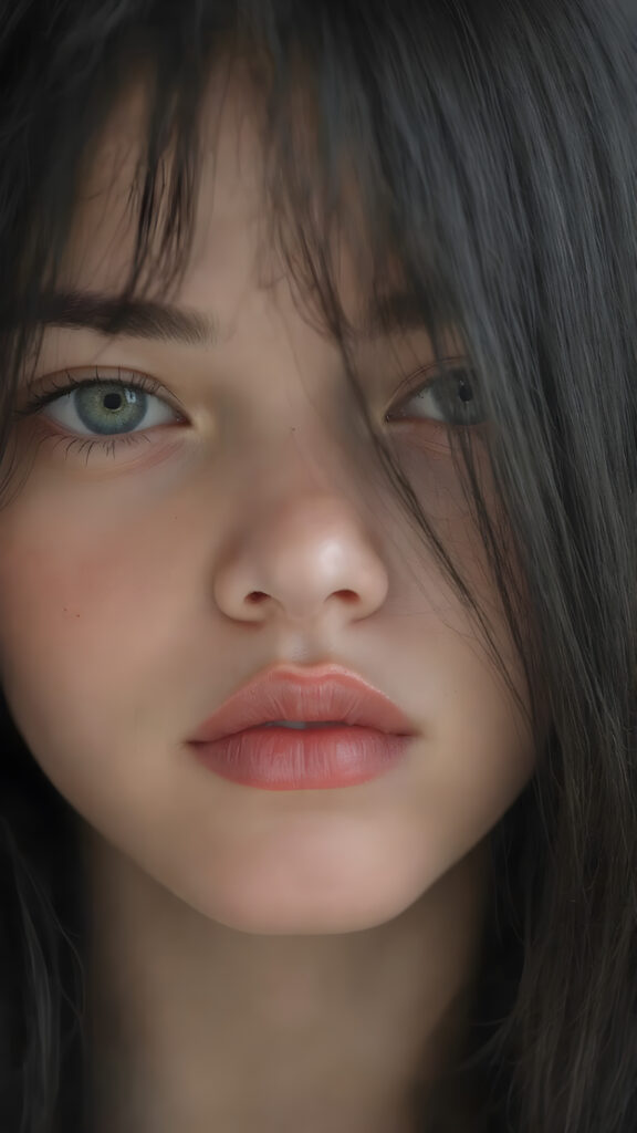 A (((highly detailed))) and ((realistically beautiful)) teen girl with a ((flawless face)), full plump (((kissable lips))), symmetrical nose, (((bright white skin))), straight ((black hair)) with (long, wavy hair) that gently flows down to her shoulders, and (((full, defined red lips))), that are (extremely detailed) and (hyper-realistic) with intricate details and patterns that mimic the natural texture of a (human face), representing a (super realistic beauty) that exudes confidence and allure
