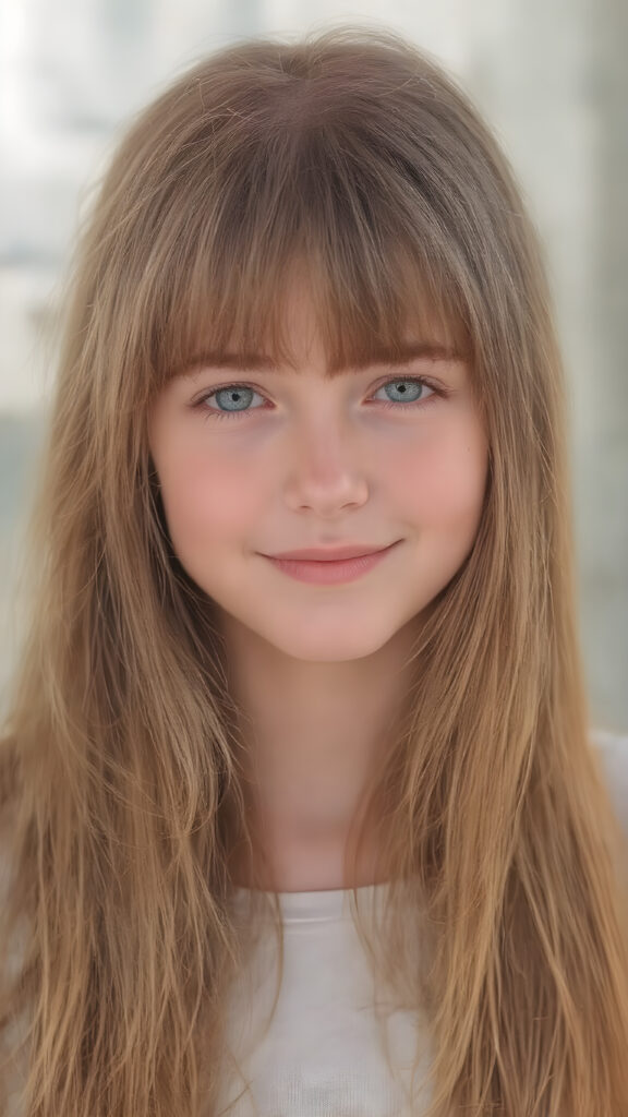 A (((highly detailed and realistic full-body photograph))), featuring a (((beautiful young ginger girl))) with ((extremely long, thick, soft straight hair)) that flows down in (soft gentle waves) and perfectly natural (pale skin) that complements her flawless complexion. She’s smiling warmly against a backdrop of natural light, with her ((natural ginger hair)) artfully styled in a loose bangs frame her face beautifully. Light green eyes add a pop of color to the scene