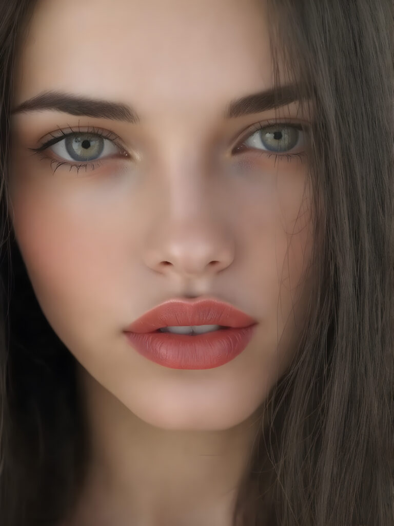 a young girl with long soft hair, sweet face, she smells good