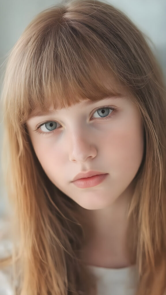 A (((highly detailed and realistic full-body photograph))), featuring a (((beautiful young girl))) with ((extremely long, thick, soft straight hair)) that flows down (soft and gentle) and perfectly natural (pale skin) that complements her flawless complexion, against a backdrop of natural light, with her ((natural ginger red hair)) artfully styled in a loose bangs frame her face beautifully, looks direct in your eyes