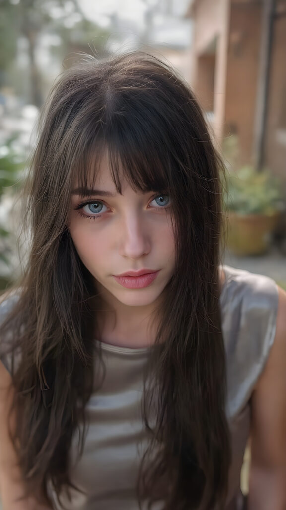 A (((highly detailed))) (((professional photograph))), capturing a cute, beautiful, realistic, with intricate details, (((teen girl))) with (very long, straight jet black hair) (black eye Shadows) and (melancholic sad eyes) that convey a sense of (being let down) by not getting the guy she wanted (who seems to be out of her league, with a (super cute face) that exudes (perfect beauty), featuring (large, glowing red lips) for a (full, realistic mouth) and (vividly blue eyes). She's (dressed in a sleek, shiny silver (Mini) dress) with (glitch effects) that give off a (hyper realistic, ultra high definition) feeling. Her makeup is (gothic fantasy) inspired, with (black eyeshadows) and (black eyelids) that frame her face beautifully. Every detail is (hyper realistic) and (highly detailed), from the (guy's perspective) looking into the camera with a (super wide angle) shot, full body, with the (girl) slightly smiling and (blushing) in a (friendly, warm outdoor setting)