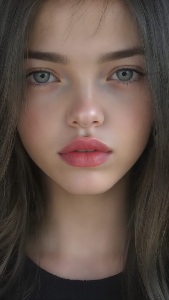 A (((highly detailed))) and ((realistically beautiful)) teen girl with a ((flawless face)), full plump (((kissable lips))), symmetrical nose, (((bright white skin))), straight ((black hair)) with (long, wavy hair) that gently flows down to her shoulders, and (((full, defined red lips))), that are (extremely detailed) and (hyper-realistic) with intricate details and patterns that mimic the natural texture of a (human face), representing a (super realistic beauty) that exudes confidence and allure