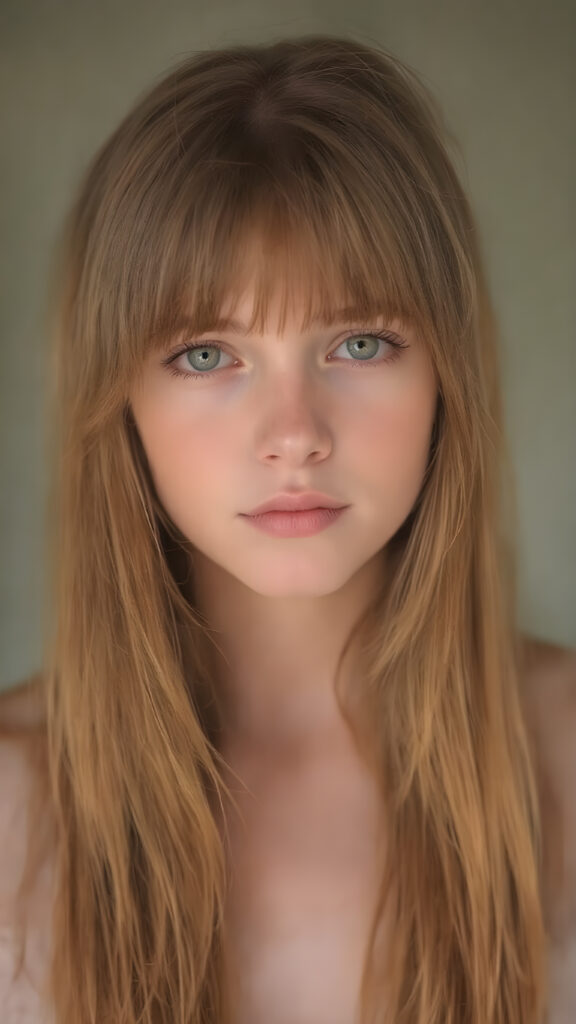 A (((highly detailed and realistic full-body photograph))), featuring a (((beautiful young girl))) with ((extremely long, thick, soft straight hair)) that flows down (soft and gentle) and perfectly natural (pale skin) that complements her flawless complexion, against a backdrop of natural light, with her ((natural ginger red hair)) artfully styled in a loose bangs frame her face beautifully, looks direct in your eyes
