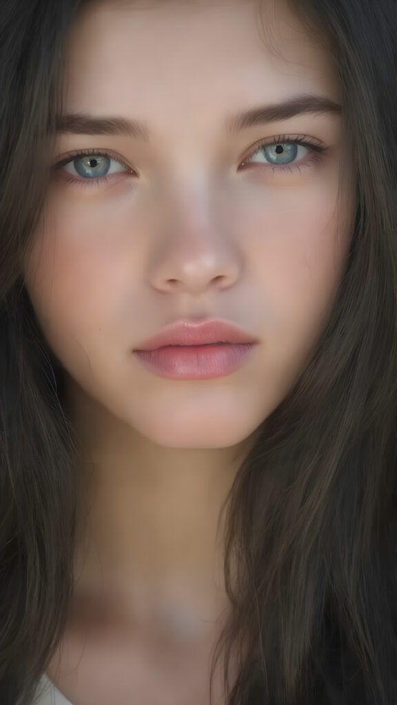 A (((highly detailed))) and ((realistically beautiful)) teen girl with a ((flawless face)), full plump (((kissable lips))), symmetrical nose, (((bright white skin))), straight ((black hair)) with (long, wavy hair) that gently flows down to her shoulders, and (((full, defined red lips))), that are (extremely detailed) and (hyper-realistic) with intricate details and patterns that mimic the natural texture of a (human face), representing a (super realistic beauty) that exudes confidence and allure