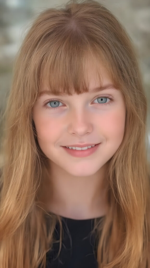 A (((highly detailed and realistic full-body photograph))), featuring a (((beautiful young ginger girl))) with ((extremely long, thick, soft straight hair)) that flows down in (soft gentle waves) and perfectly natural (pale skin) that complements her flawless complexion. She’s smiling warmly against a backdrop of natural light, with her ((natural ginger hair)) artfully styled in a loose bangs frame her face beautifully. Light green eyes add a pop of color to the scene