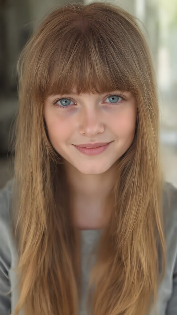 A (((highly detailed and realistic full-body photograph))), featuring a (((beautiful young ginger girl))) with ((extremely long, thick, soft straight hair)) that flows down in (soft gentle waves) and perfectly natural (pale skin) that complements her flawless complexion. She’s smiling warmly against a backdrop of natural light, with her ((natural ginger hair)) artfully styled in a loose bangs frame her face beautifully. Light green eyes add a pop of color to the scene