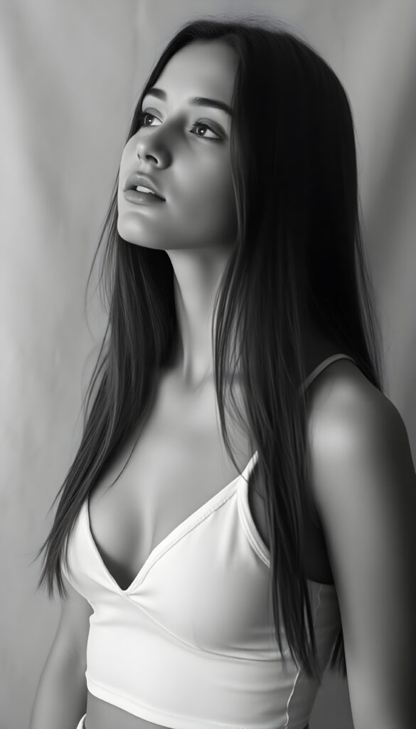 A highly detailed and artistic black and white portrait of an 18-year-old girl, exuding confidence and grace. Her long straight hair falls down and her flawless proportions highlight her youthful beauty. She wears a white cropped spaghetti tank top, deep v-neck. The top support her perfect female body. The photograph is aged with water stains, adding a nostalgic touch. She stands against a minimalist white canvas background, with a side view that emphasizes her poised stance. The lighting is soft and diffused, casting gentle shadows that enhance her features. The overall composition is clean and elegant, capturing the essence of her vibrant spirit in a timeless manner.