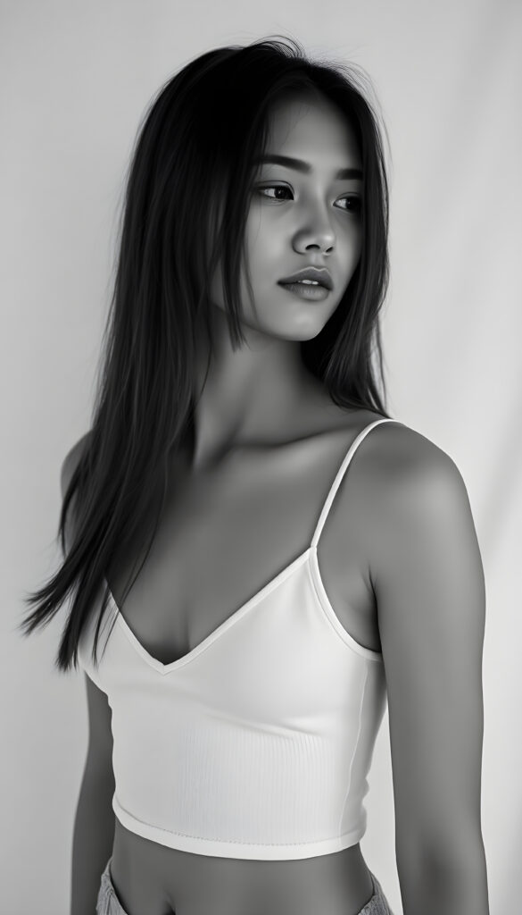 A highly detailed and artistic black and white portrait of an 18-year-old girl, exuding confidence and grace. Her long straight hair falls down and her flawless proportions highlight her youthful beauty. She wears a white cropped spaghetti tank top, deep v-neck. The top support her perfect female body. The photograph is aged with water stains, adding a nostalgic touch. She stands against a minimalist white canvas background, with a side view that emphasizes her poised stance. The lighting is soft and diffused, casting gentle shadows that enhance her features. The overall composition is clean and elegant, capturing the essence of her vibrant spirit in a timeless manner.