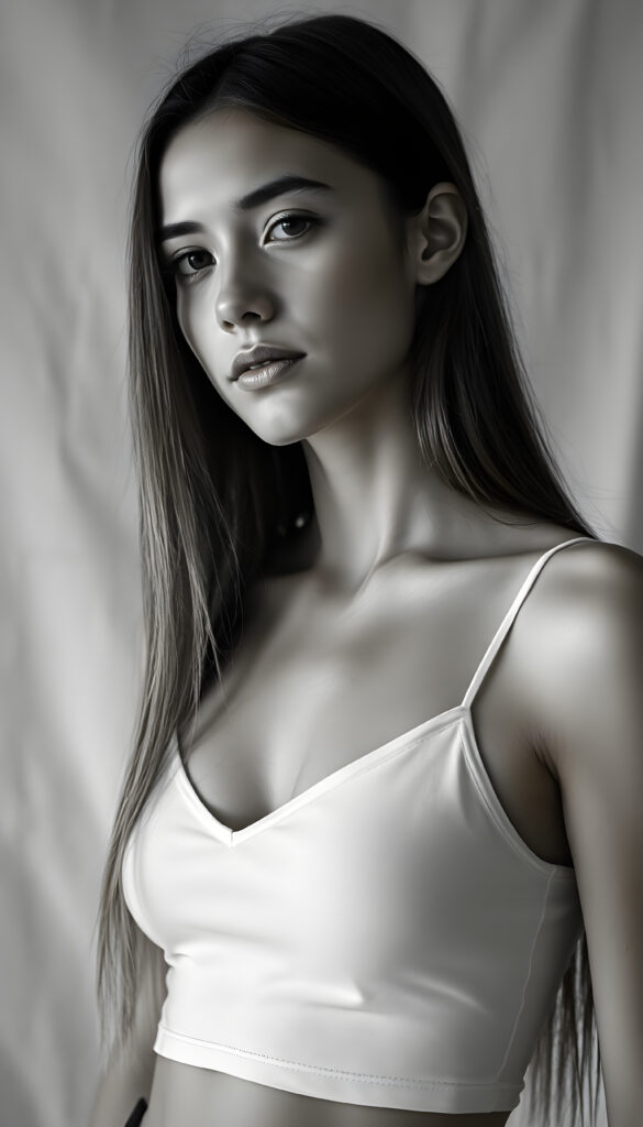 A highly detailed and artistic black and white portrait of an 18-year-old girl, exuding confidence and grace. Her long straight hair falls down and her flawless proportions highlight her youthful beauty. She wears a white cropped spaghetti tank top, deep v-neck. The top support her perfect female body. The photograph is aged with water stains, adding a nostalgic touch. She stands against a minimalist white canvas background, with a side view that emphasizes her poised stance. The lighting is soft and diffused, casting gentle shadows that enhance her features. The overall composition is clean and elegant, capturing the essence of her vibrant spirit in a timeless manner.