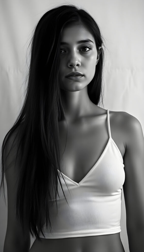 A highly detailed and artistic black and white portrait of an 18-year-old girl, exuding confidence and grace. Her long straight hair falls down and her flawless proportions highlight her youthful beauty. She wears a white cropped spaghetti tank top, deep v-neck. The top support her perfect female body. The photograph is aged with water stains, adding a nostalgic touch. She stands against a minimalist white canvas background, with a side view that emphasizes her poised stance. The lighting is soft and diffused, casting gentle shadows that enhance her features. The overall composition is clean and elegant, capturing the essence of her vibrant spirit in a timeless manner.