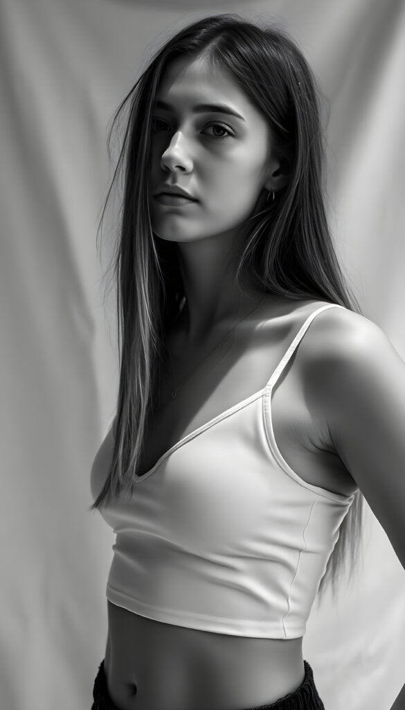 A highly detailed and artistic black and white portrait of an 18-year-old girl, exuding confidence and grace. Her long straight hair falls down and her flawless proportions highlight her youthful beauty. She wears a white cropped spaghetti tank top, deep v-neck. The top support her perfect female body. The photograph is aged with water stains, adding a nostalgic touch. She stands against a minimalist white canvas background, with a side view that emphasizes her poised stance. The lighting is soft and diffused, casting gentle shadows that enhance her features. The overall composition is clean and elegant, capturing the essence of her vibrant spirit in a timeless manner.